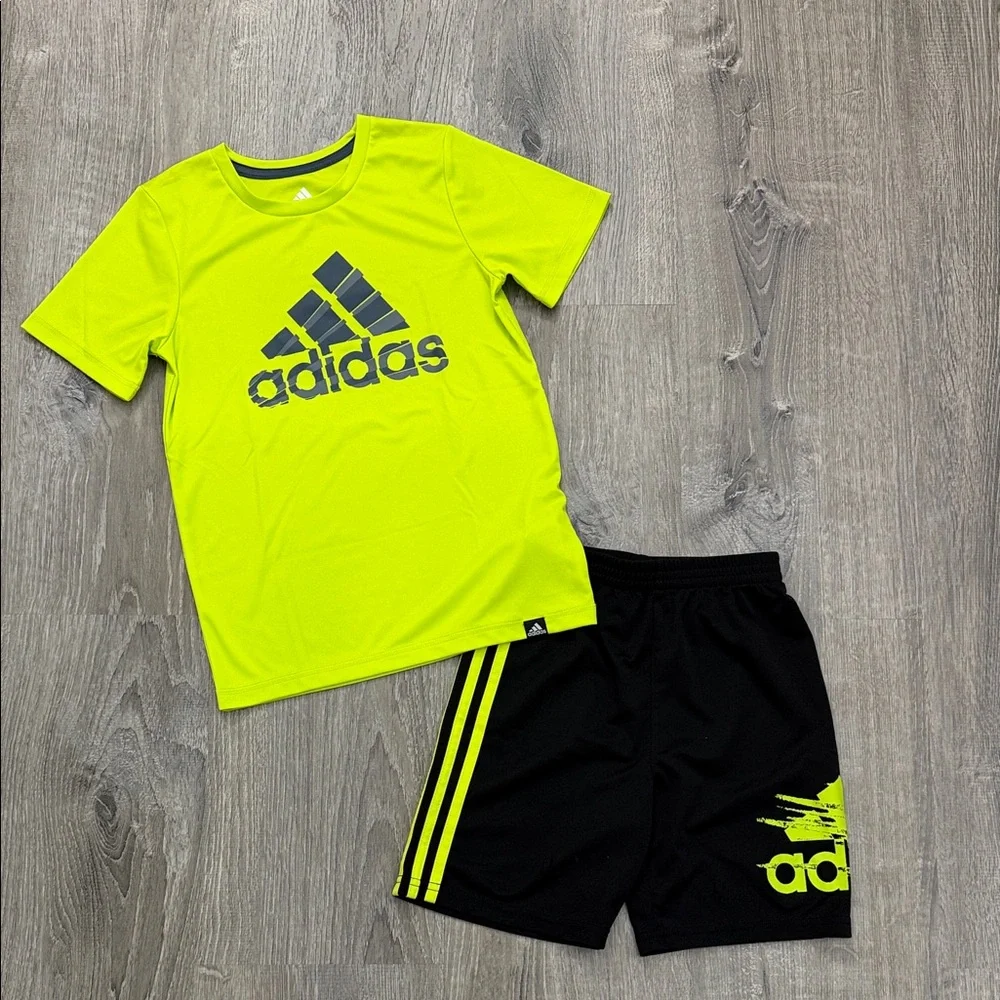 adidas Neon Yellow & Black Kids Short Set - Picture 1 of 6